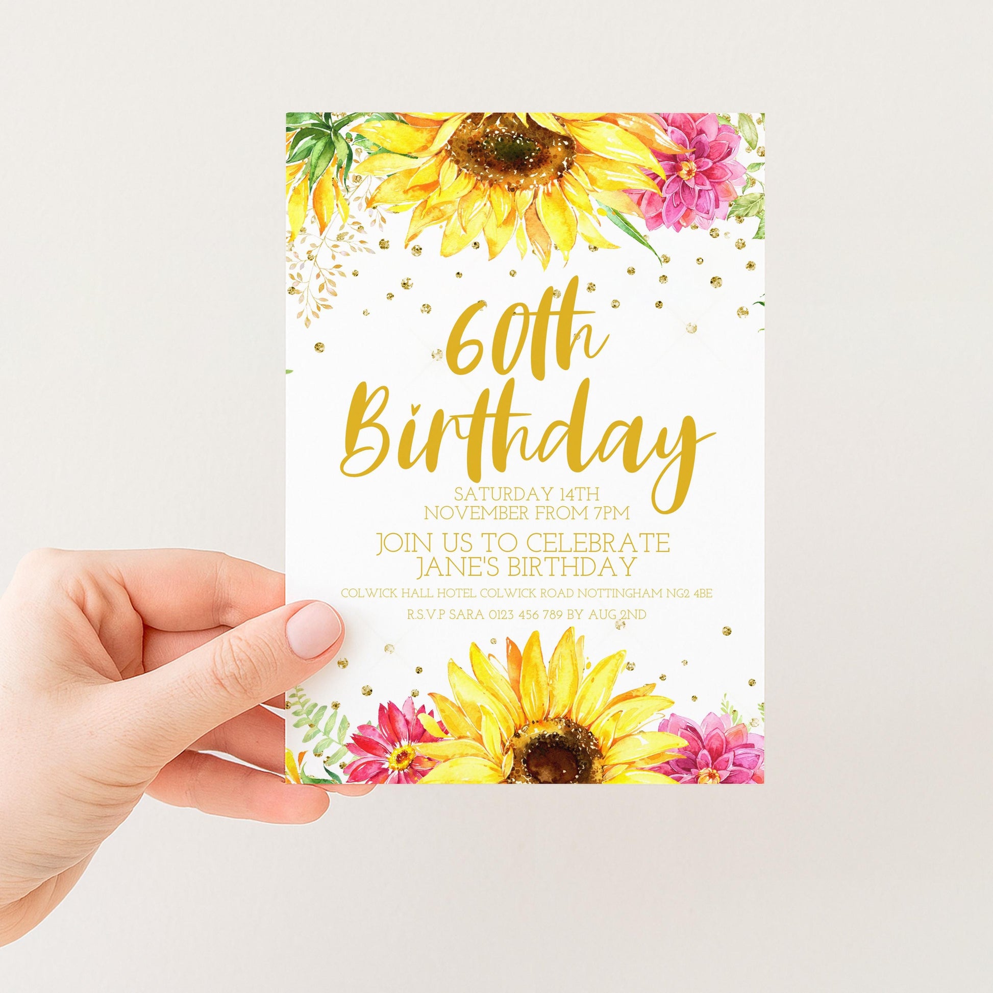 60th Birthday Invitation for Women, Sunflower Floral Party Invite Template, Editable Printable Digital Download for Milestone Event