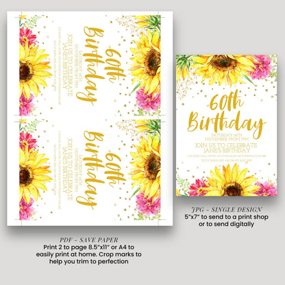 60th Birthday Invitation for Women, Sunflower Floral Party Invite Template, Editable Printable Digital Download for Milestone Event
