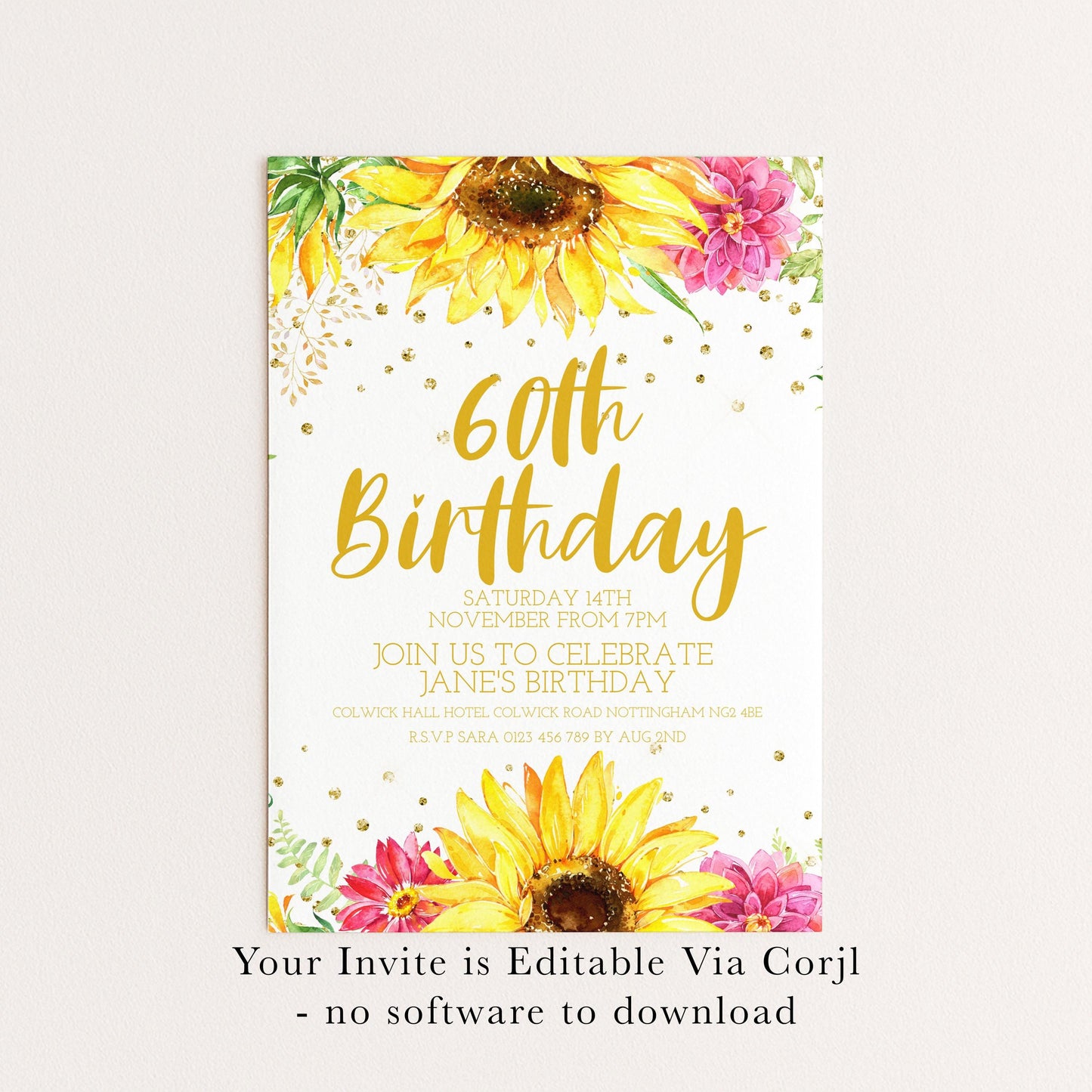 60th Birthday Invitation for Women, Sunflower Floral Party Invite Template, Editable Printable Digital Download for Milestone Event