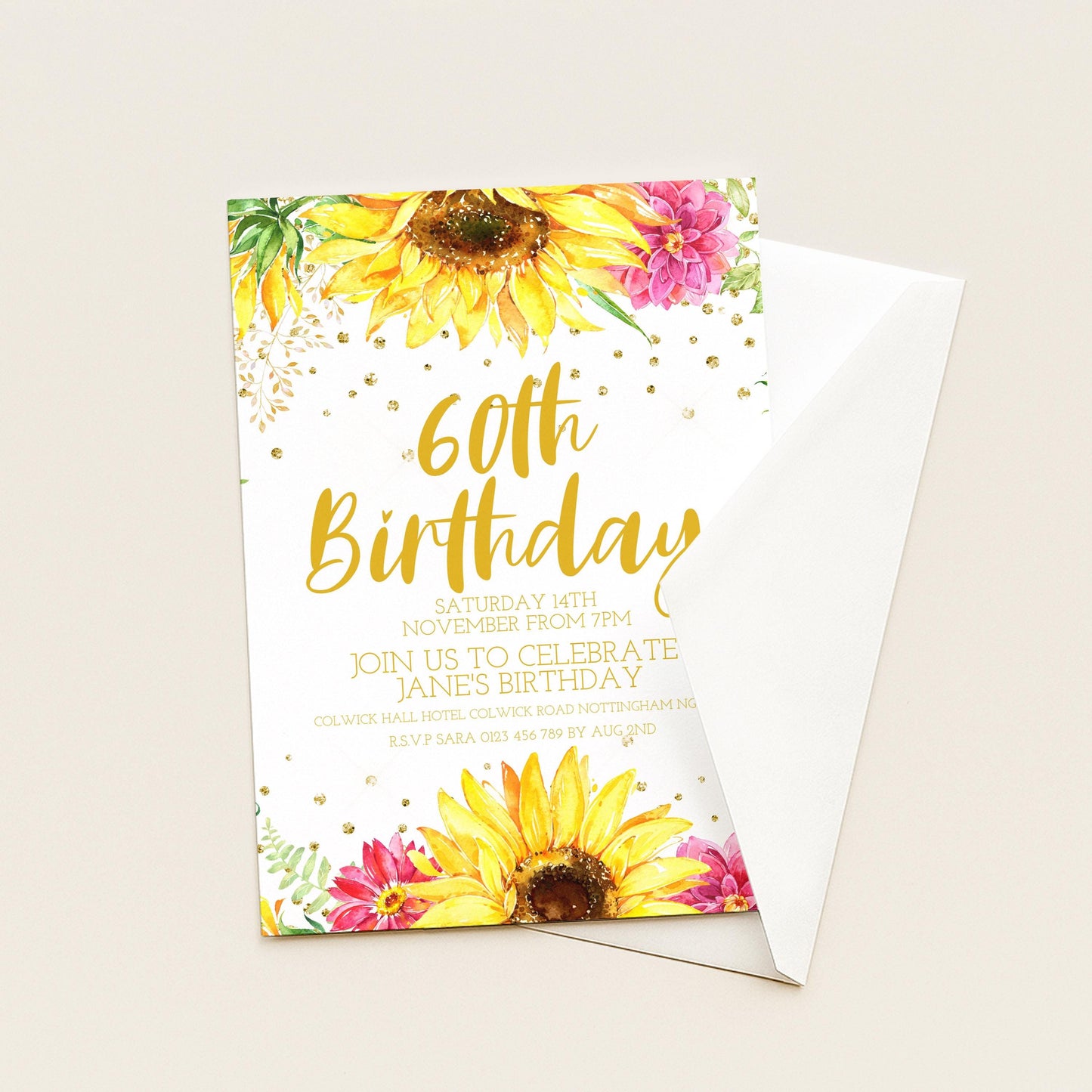 60th Birthday Invitation for Women, Sunflower Floral Party Invite Template, Editable Printable Digital Download for Milestone Event