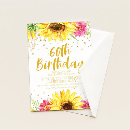 60th Birthday Invitation for Women, Sunflower Floral Party Invite Template, Editable Printable Digital Download for Milestone Event