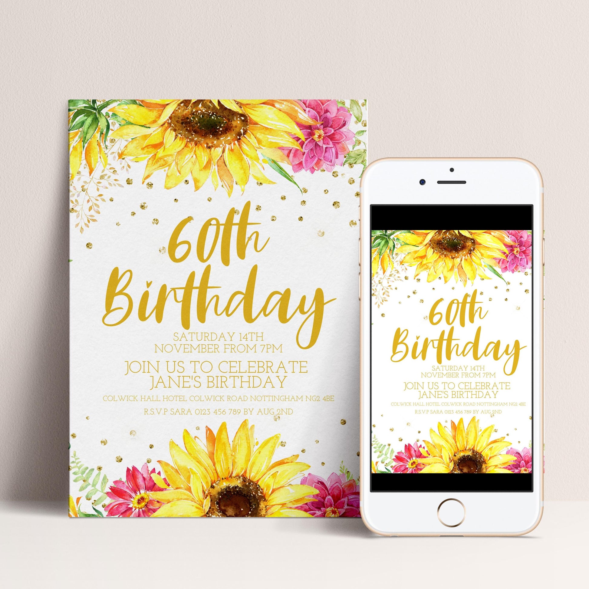 60th Birthday Invitation for Women, Sunflower Floral Party Invite Template, Editable Printable Digital Download for Milestone Event