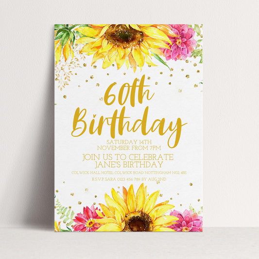 60th Birthday Invitation for Women, Sunflower Floral Party Invite Template, Editable Printable Digital Download for Milestone Event