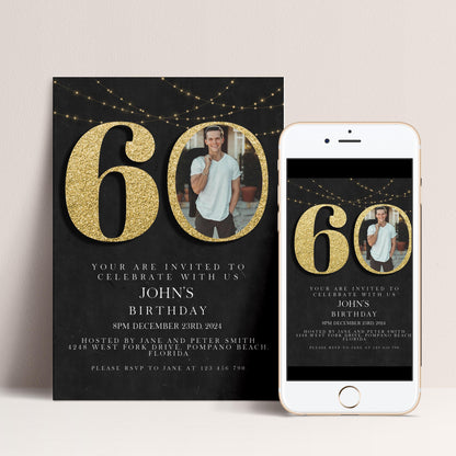60th Birthday Invitation with Photo: Elegant Black & Gold (Digital Download)