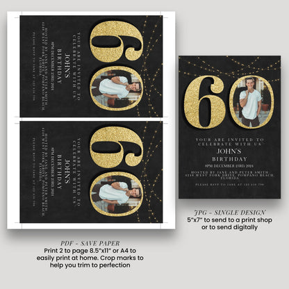 60th Birthday Invitation with Photo: Elegant Black & Gold (Digital Download)