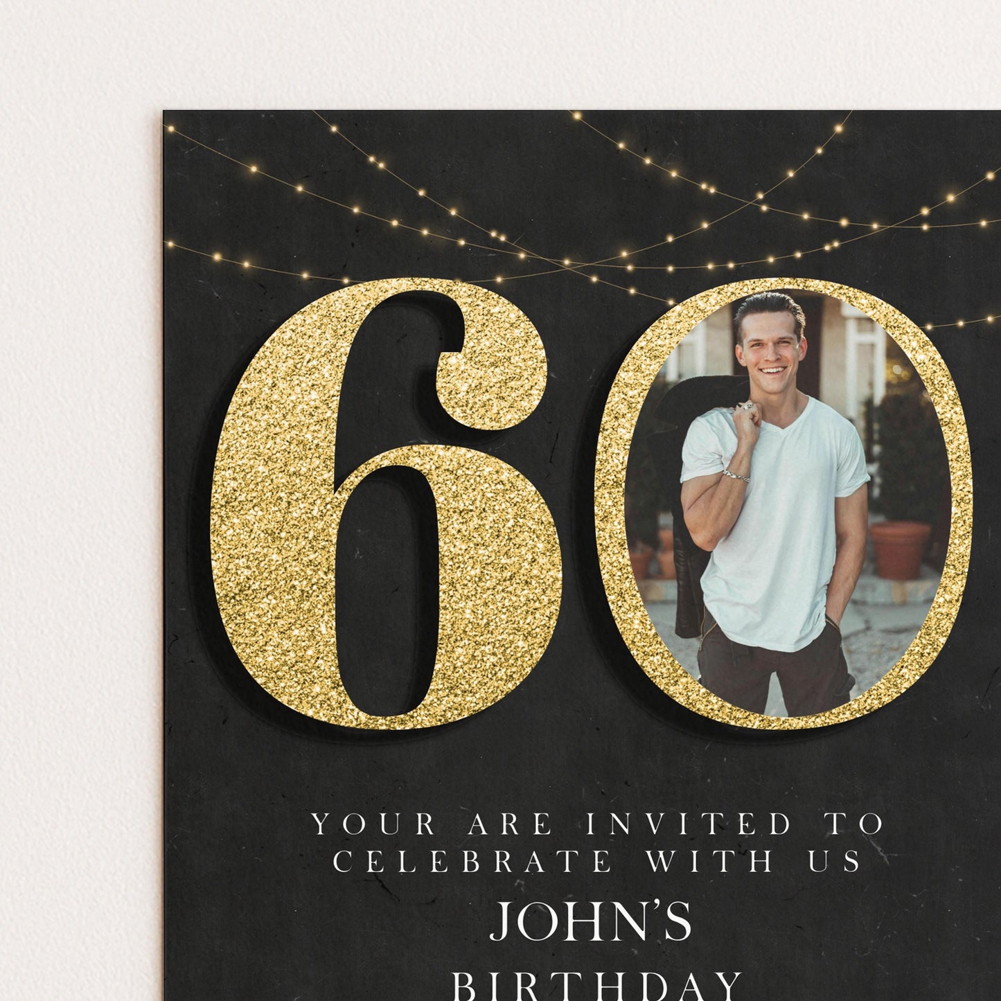 60th Birthday Invitation with Photo: Elegant Black & Gold (Digital Download)