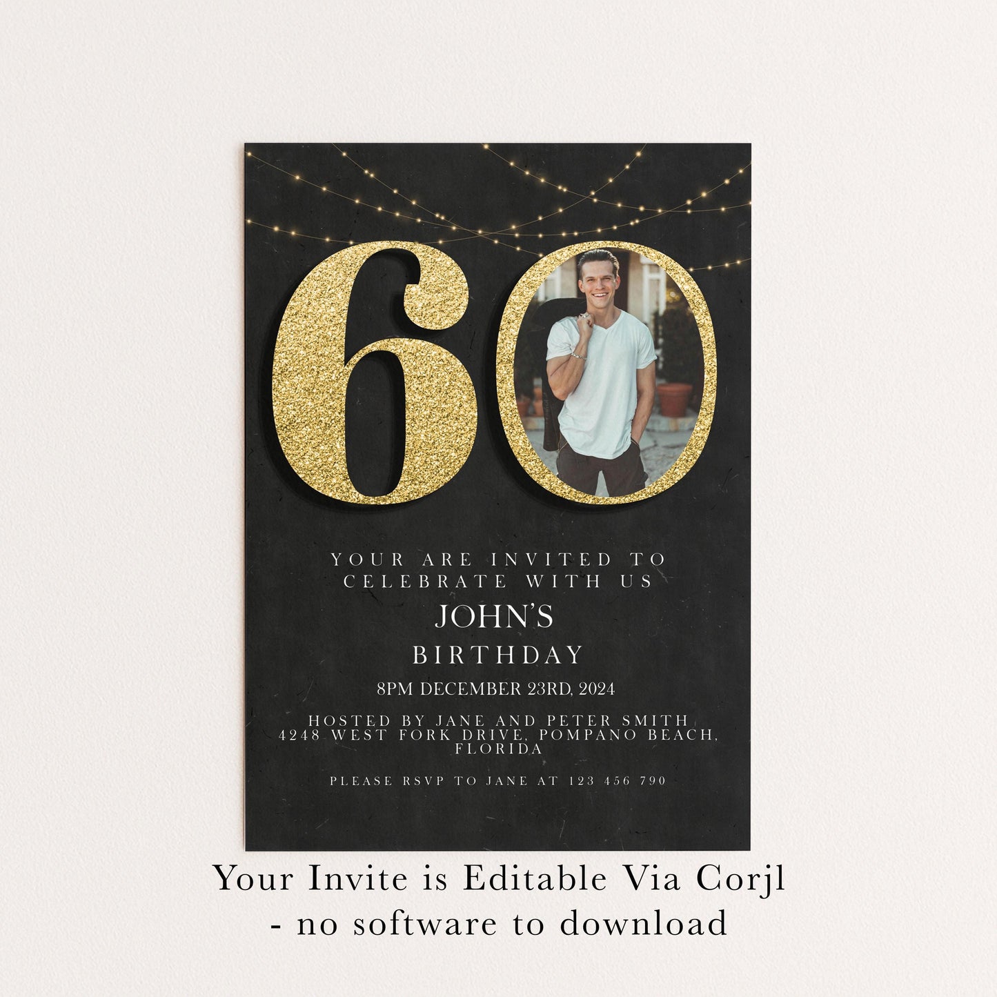 60th Birthday Invitation with Photo: Elegant Black & Gold (Digital Download)