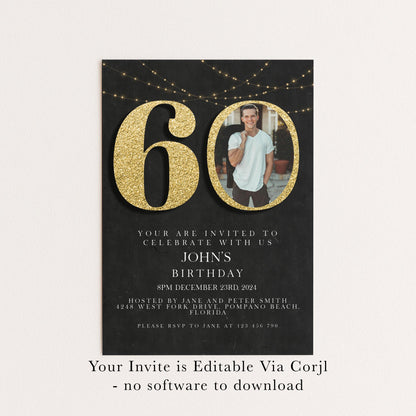 60th Birthday Invitation with Photo: Elegant Black & Gold (Digital Download)