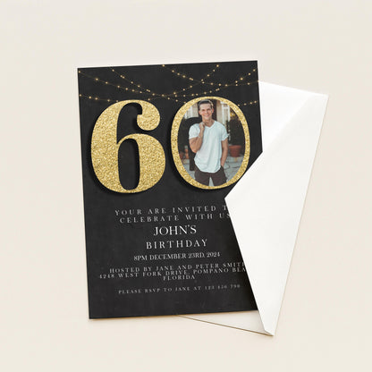 60th Birthday Invitation with Photo: Elegant Black & Gold (Digital Download)