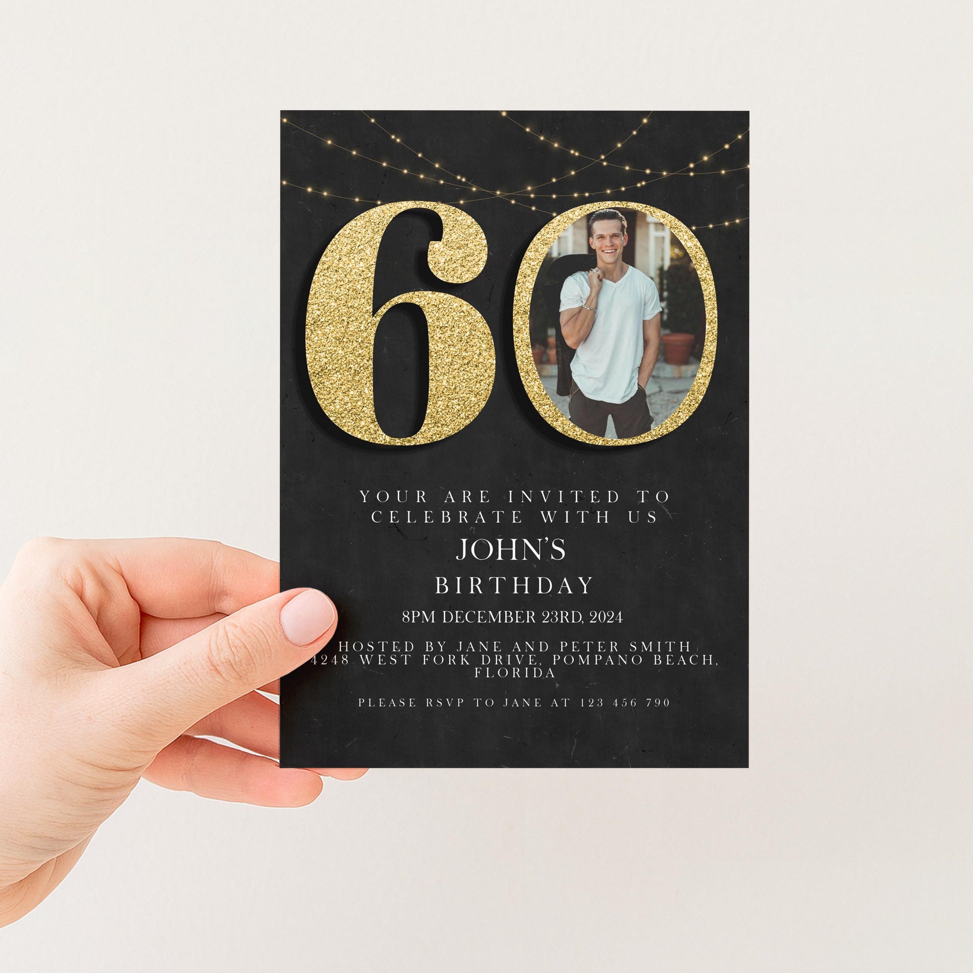 60th Birthday Invitation with Photo: Elegant Black & Gold (Digital Download)