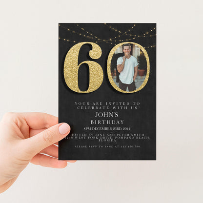 60th Birthday Invitation with Photo: Elegant Black & Gold (Digital Download)