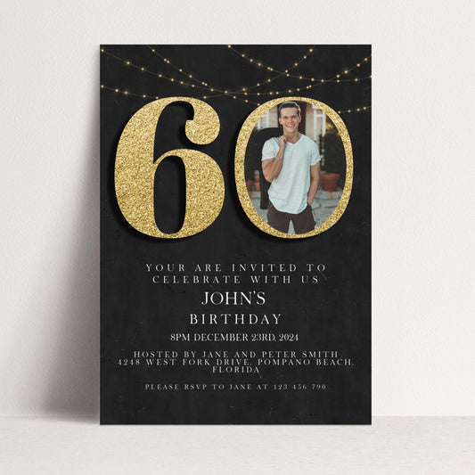 60th Birthday Invitation with Photo: Elegant Black & Gold (Digital Download)