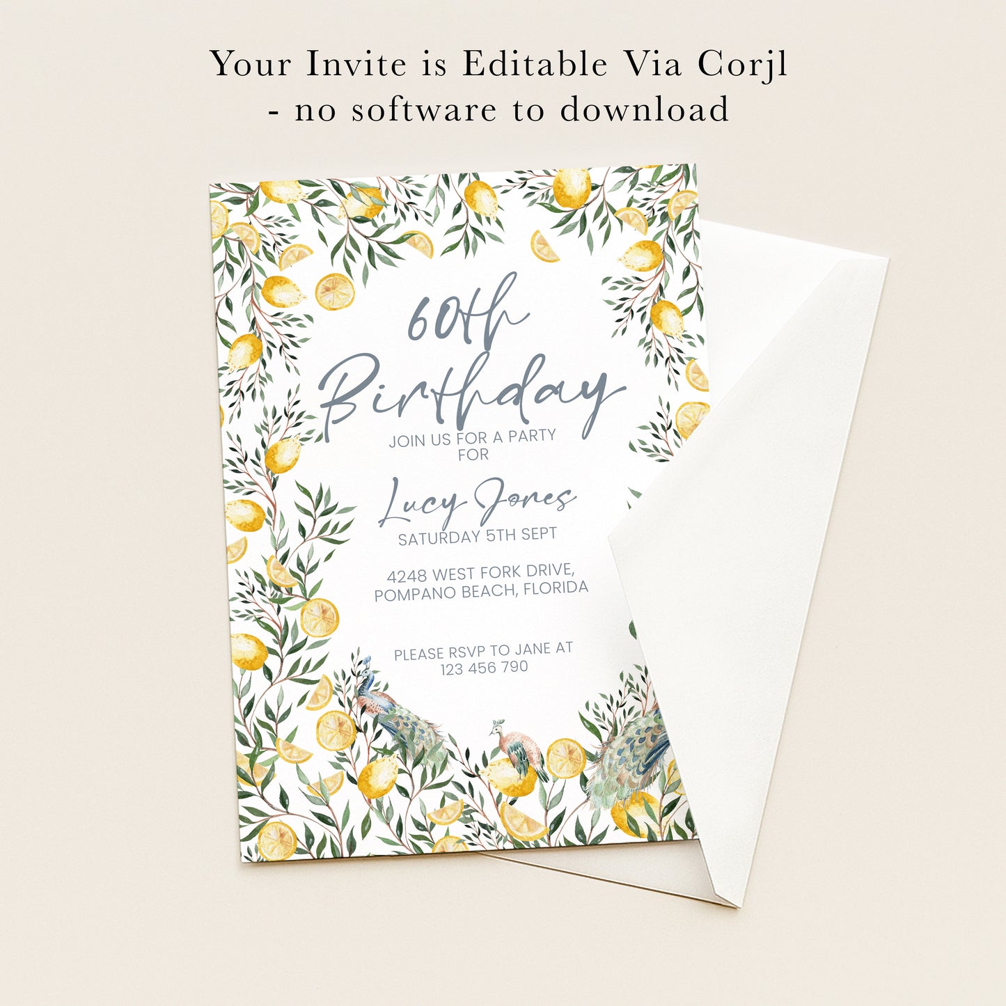 60th Birthday Invitation Lemon and Peacock | Editable Digital Download Template | Printable Garden Party Invite