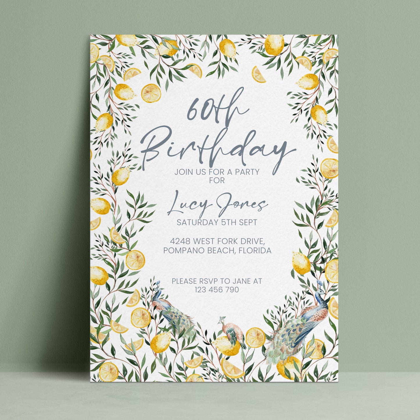 60th Birthday Invitation Lemon and Peacock | Editable Digital Download Template | Printable Garden Party Invite