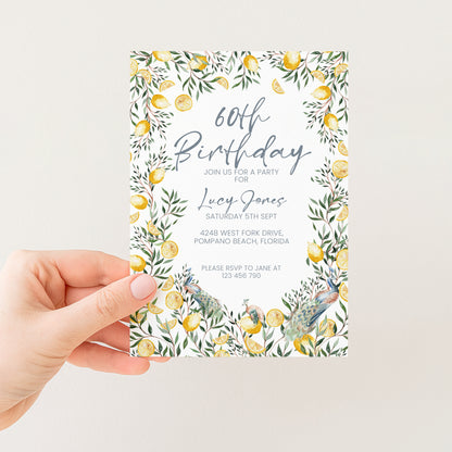60th Birthday Invitation Lemon and Peacock | Editable Digital Download Template | Printable Garden Party Invite