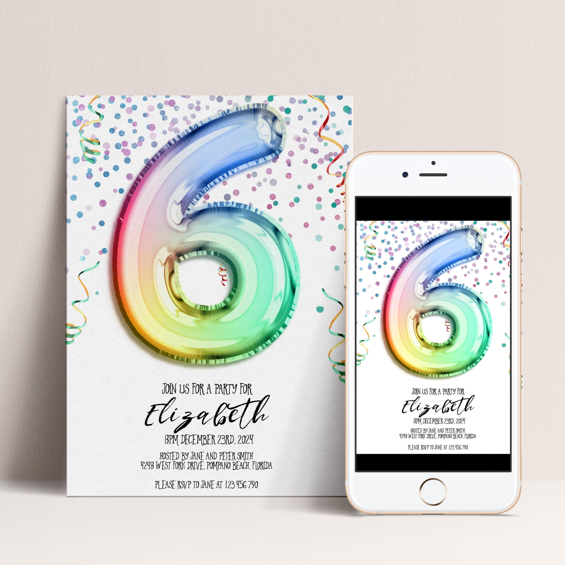 6th Birthday Invitation Rainbow Balloon Theme, Colorful Party Invite for Kids, Girls Birthday Celebration, Editable Template RB12