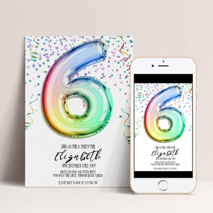 6th Birthday Invitation Rainbow Balloon Theme, Colorful Party Invite for Kids, Girls Birthday Celebration, Editable Template RB12