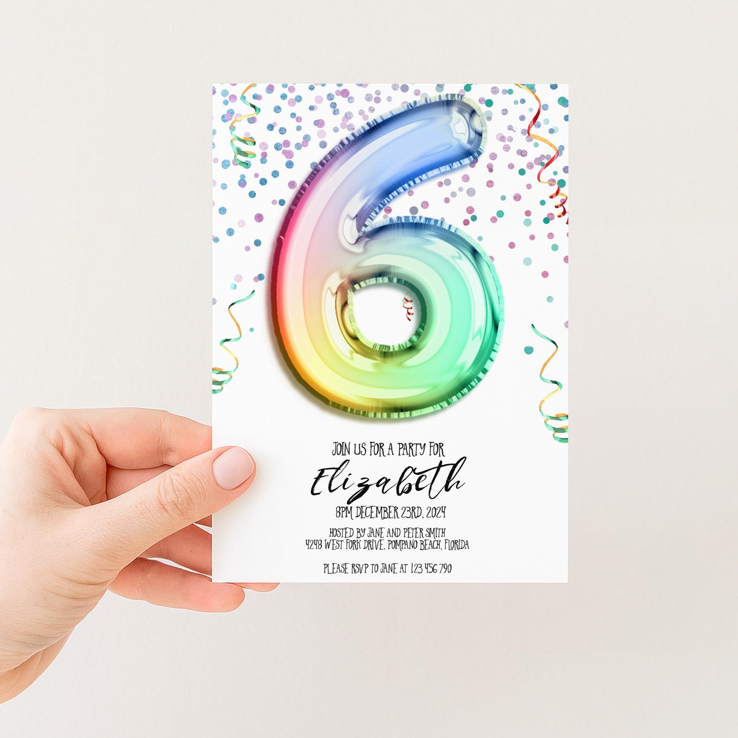 6th Birthday Invitation Rainbow Balloon Theme, Colorful Party Invite for Kids, Girls Birthday Celebration, Editable Template RB12