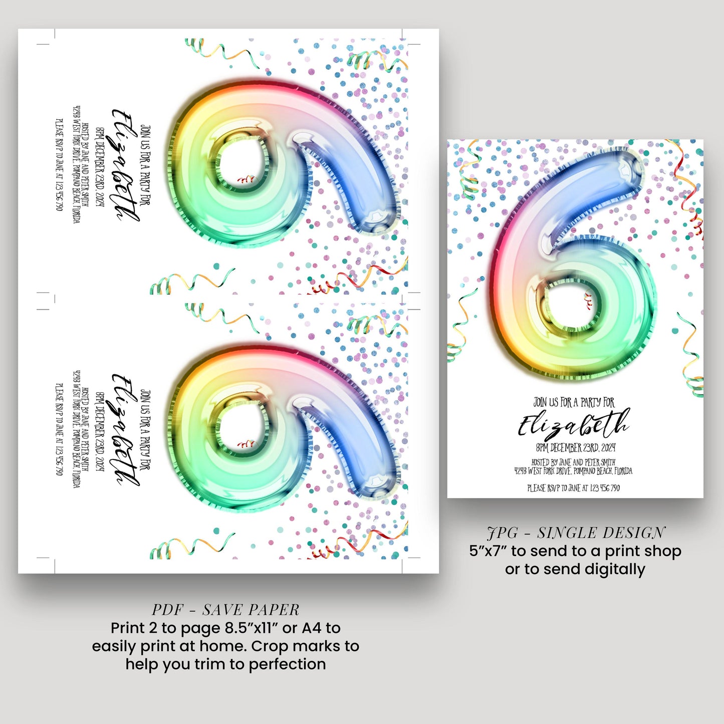 6th Birthday Invitation Rainbow Balloon Theme, Colorful Party Invite for Kids, Girls Birthday Celebration, Editable Template RB12