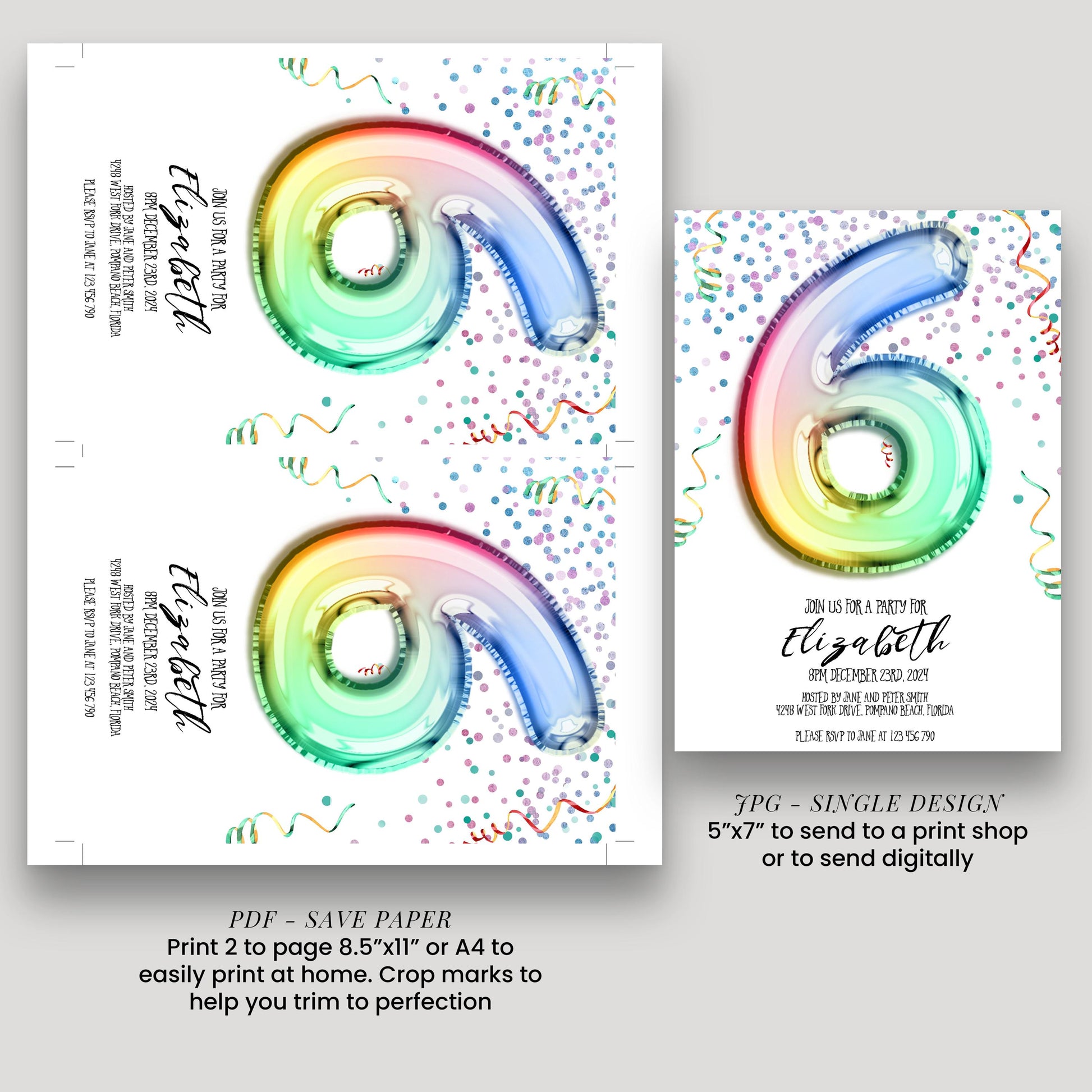 6th Birthday Invitation Rainbow Balloon Theme, Colorful Party Invite for Kids, Girls Birthday Celebration, Editable Template RB12