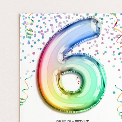 6th Birthday Invitation Rainbow Balloon Theme, Colorful Party Invite for Kids, Girls Birthday Celebration, Editable Template RB12