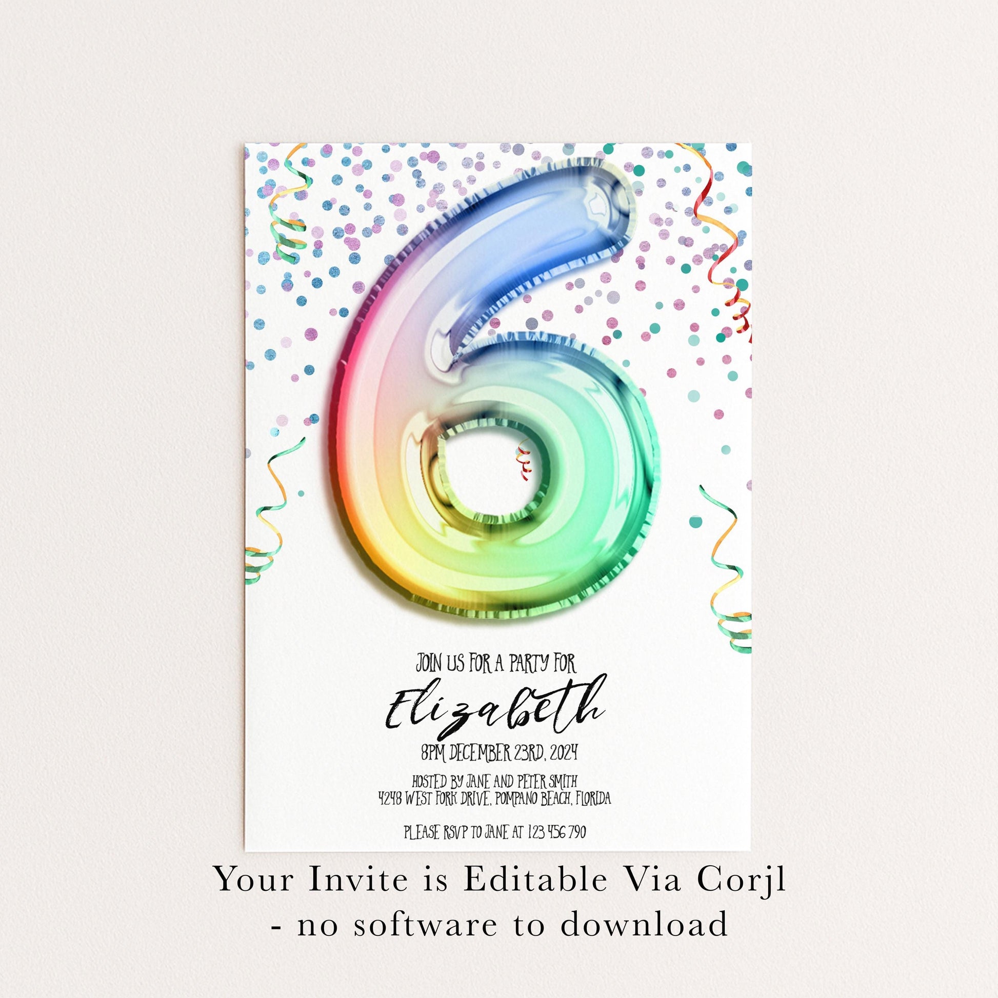 6th Birthday Invitation Rainbow Balloon Theme, Colorful Party Invite for Kids, Girls Birthday Celebration, Editable Template RB12