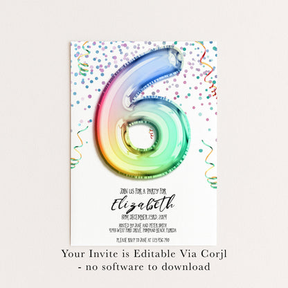 6th Birthday Invitation Rainbow Balloon Theme, Colorful Party Invite for Kids, Girls Birthday Celebration, Editable Template RB12