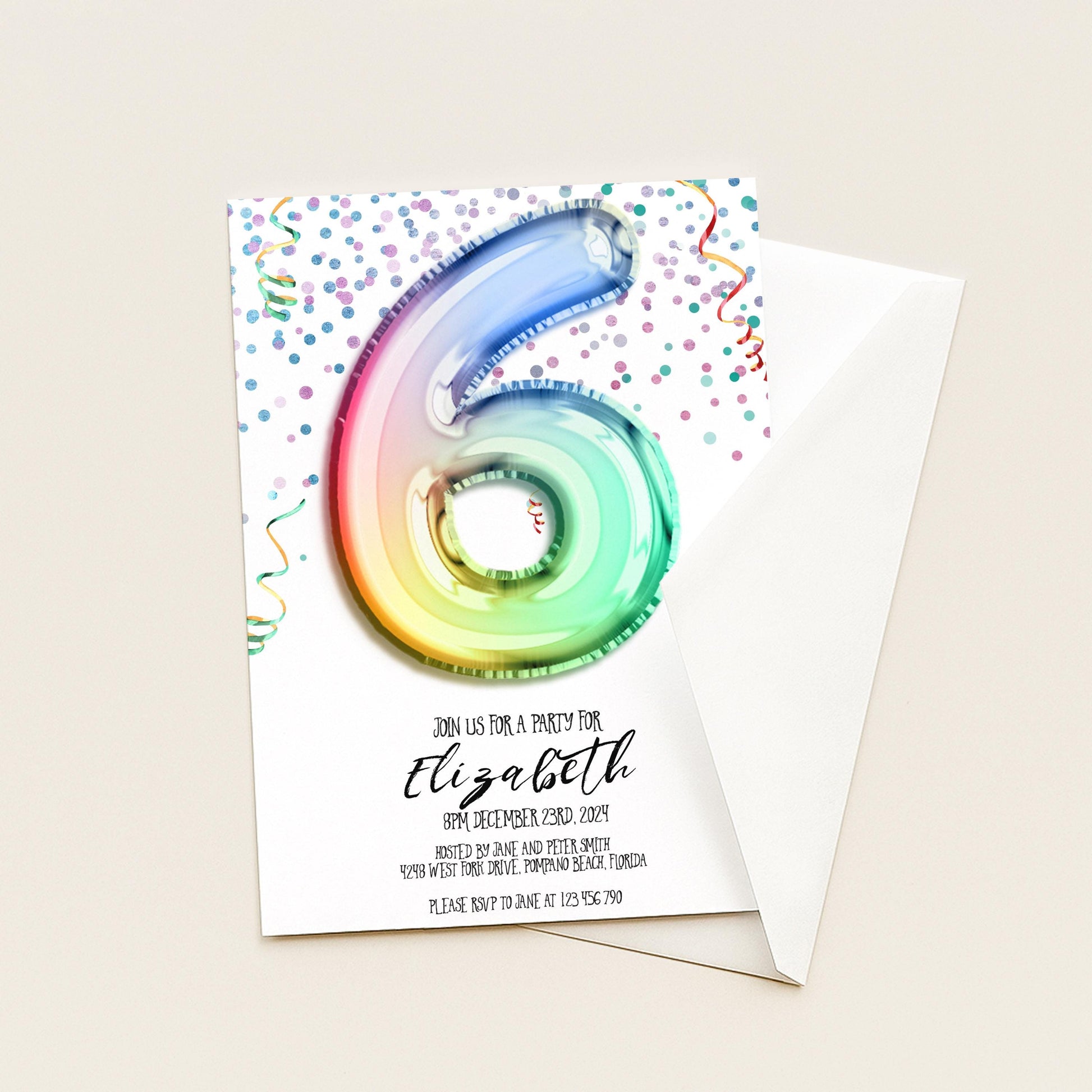 6th Birthday Invitation Rainbow Balloon Theme, Colorful Party Invite for Kids, Girls Birthday Celebration, Editable Template RB12