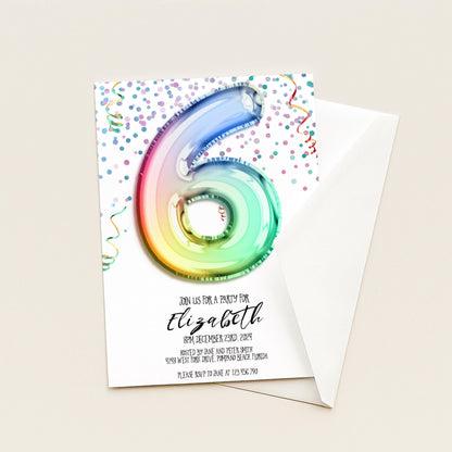 6th Birthday Invitation Rainbow Balloon Theme, Colorful Party Invite for Kids, Girls Birthday Celebration, Editable Template RB12