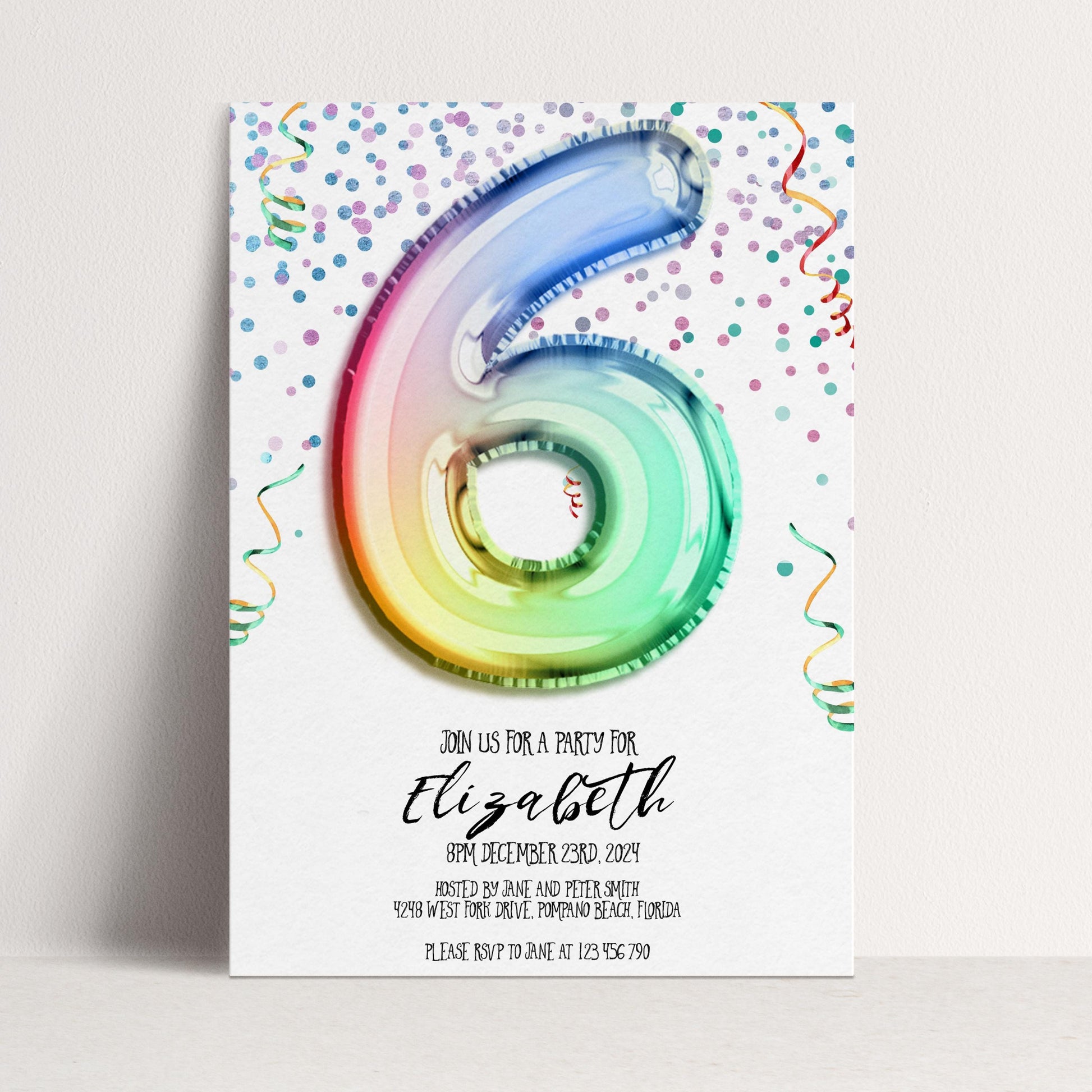 6th Birthday Invitation Rainbow Balloon Theme, Colorful Party Invite for Kids, Girls Birthday Celebration, Editable Template RB12