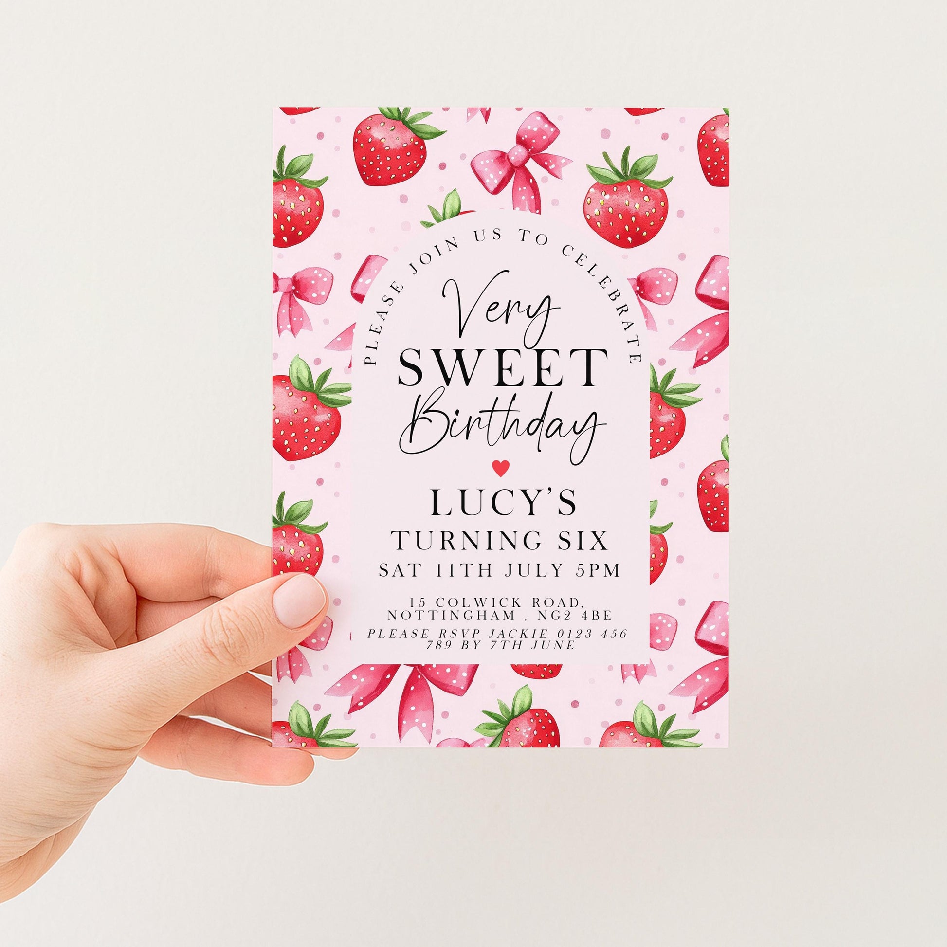 6th Birthday Invitation Strawberry Theme – Editable Pink Party Invite with Bows & Berries – Very Sweet Girls Birthday, Instant Download ST17