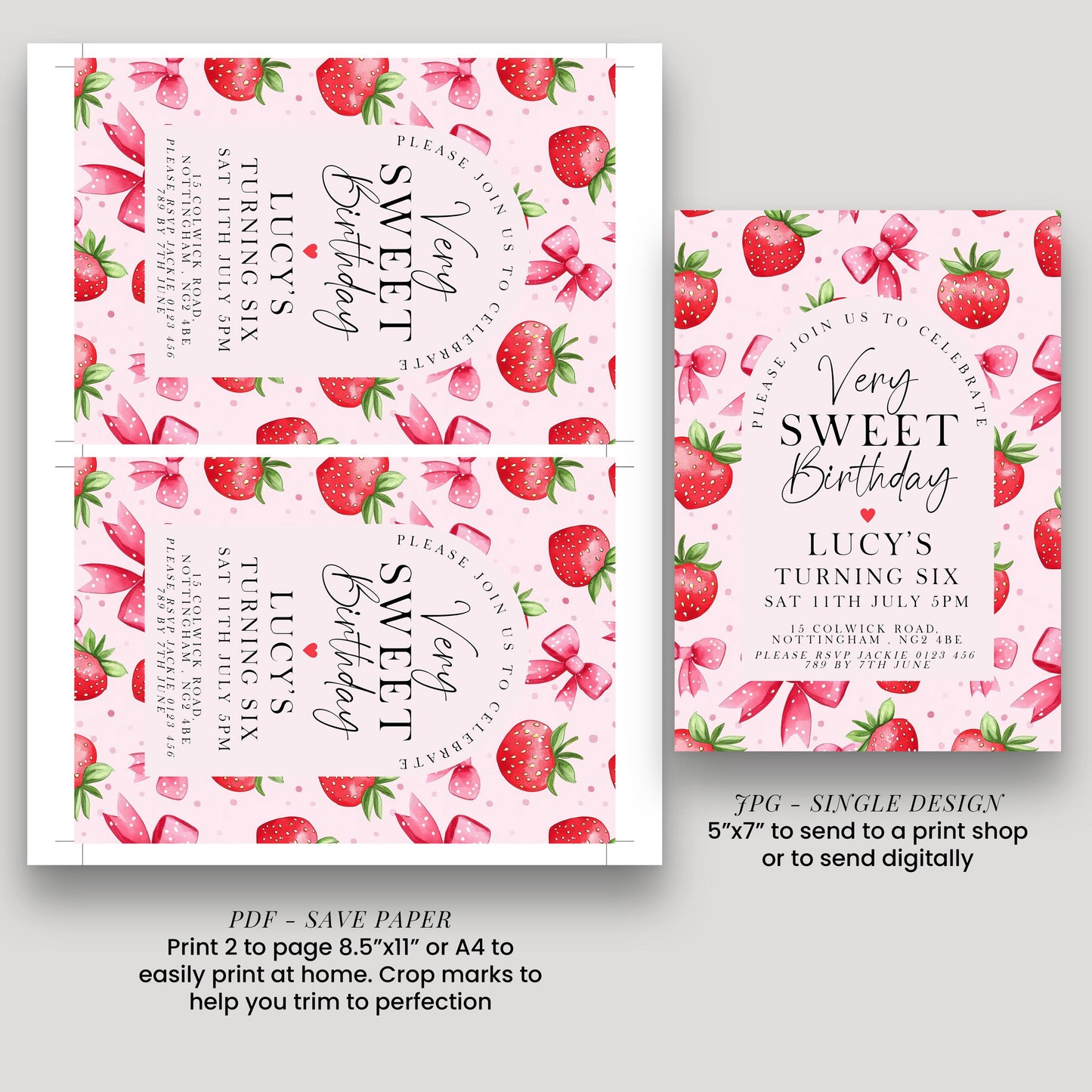 6th Birthday Invitation Strawberry Theme – Editable Pink Party Invite with Bows & Berries – Very Sweet Girls Birthday, Instant Download ST17