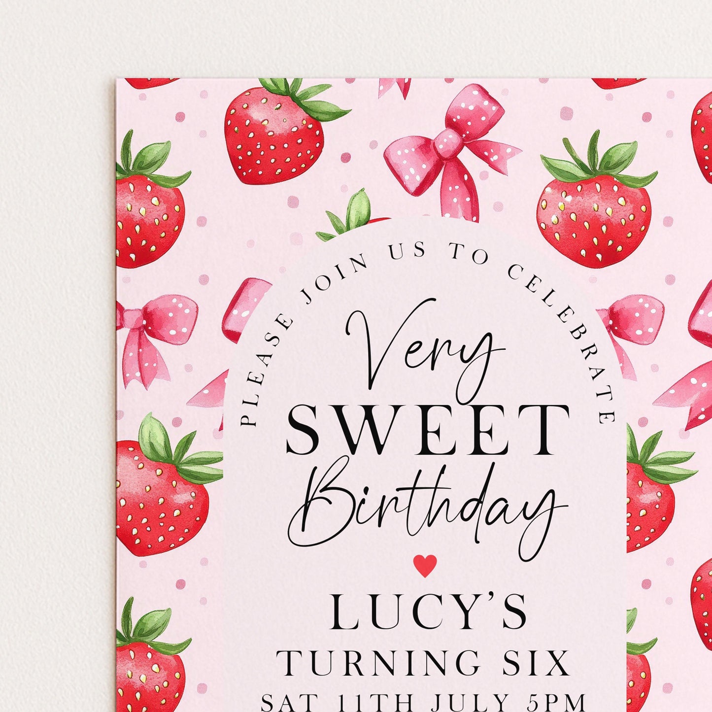 6th Birthday Invitation Strawberry Theme – Editable Pink Party Invite with Bows & Berries – Very Sweet Girls Birthday, Instant Download ST17