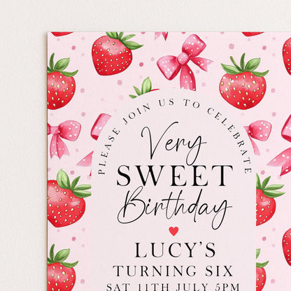 6th Birthday Invitation Strawberry Theme – Editable Pink Party Invite with Bows & Berries – Very Sweet Girls Birthday, Instant Download ST17