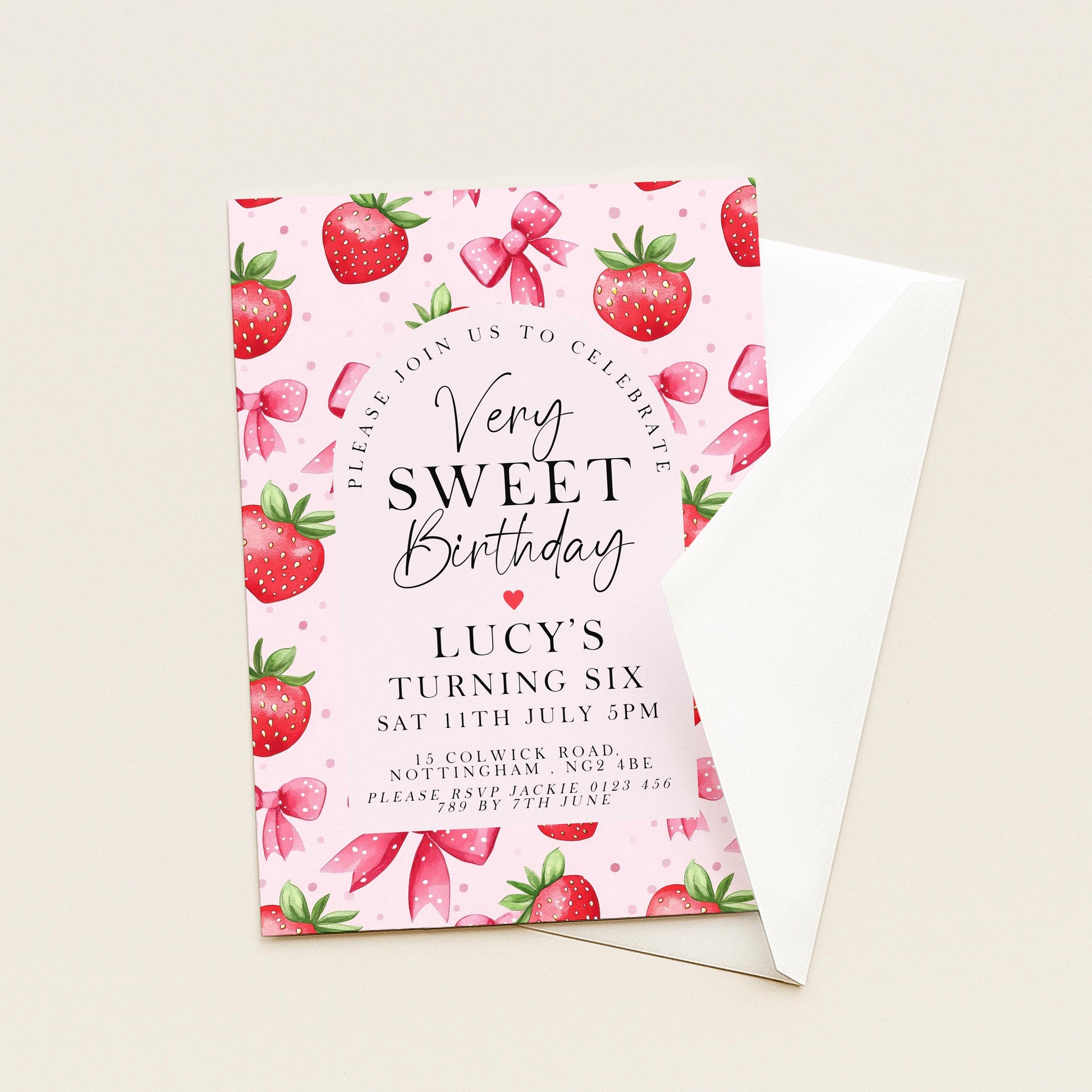 6th Birthday Invitation Strawberry Theme – Editable Pink Party Invite with Bows & Berries – Very Sweet Girls Birthday, Instant Download ST17