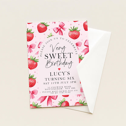 6th Birthday Invitation Strawberry Theme – Editable Pink Party Invite with Bows & Berries – Very Sweet Girls Birthday, Instant Download ST17
