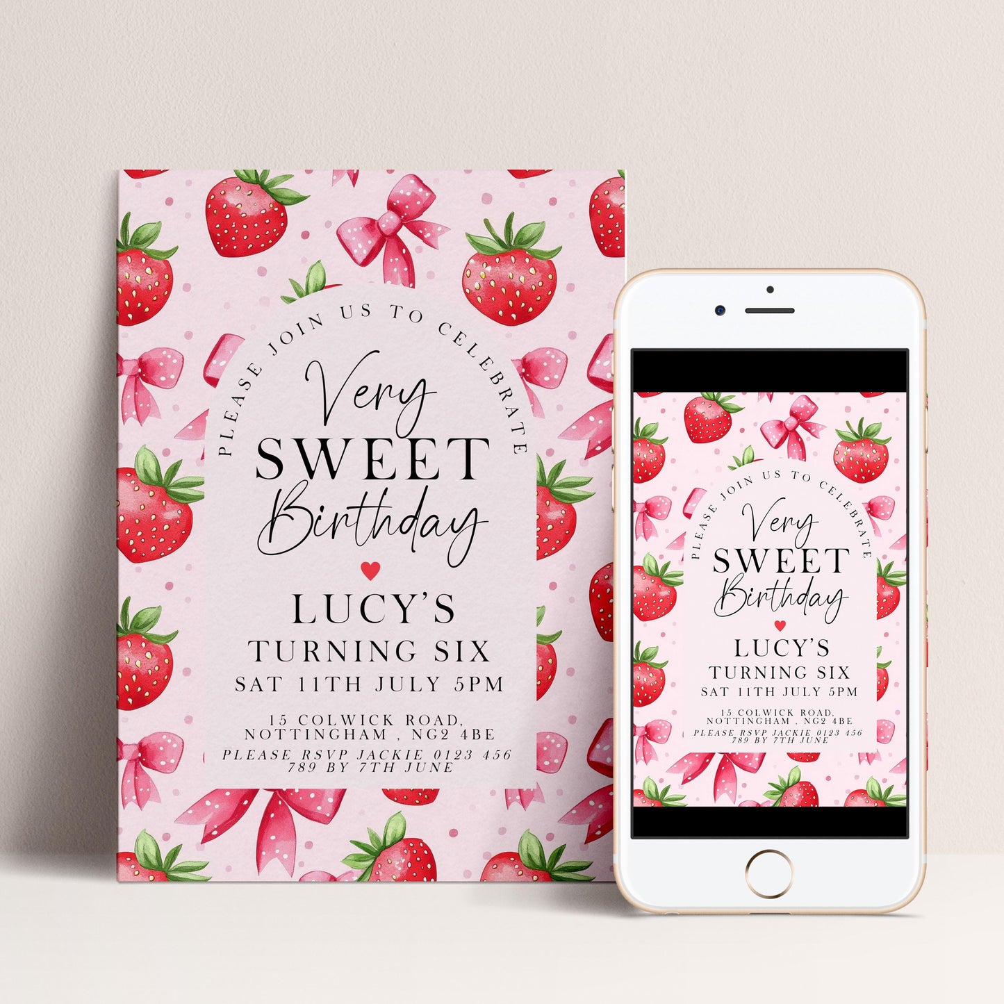 6th Birthday Invitation Strawberry Theme – Editable Pink Party Invite with Bows & Berries – Very Sweet Girls Birthday, Instant Download ST17