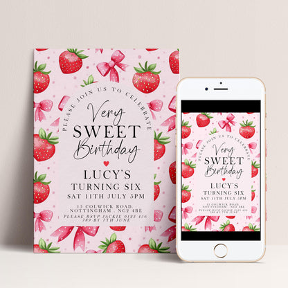 6th Birthday Invitation Strawberry Theme – Editable Pink Party Invite with Bows & Berries – Very Sweet Girls Birthday, Instant Download ST17