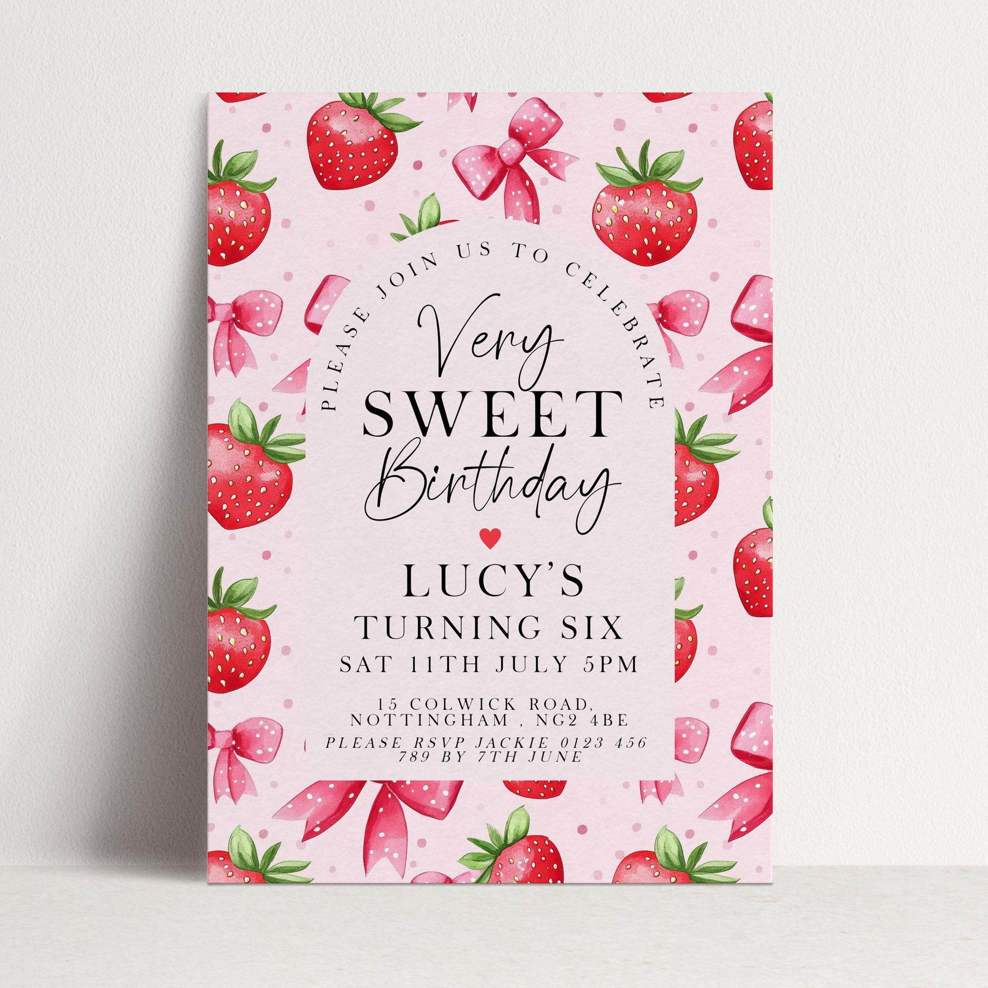 6th Birthday Invitation Strawberry Theme – Editable Pink Party Invite with Bows & Berries – Very Sweet Girls Birthday, Instant Download ST17