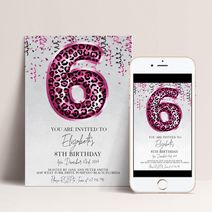 6th Pink Leopard Print Birthday Invitation Editable Template Animal Balloon Invite For Her 6 Year Old Invite Party Digital Download