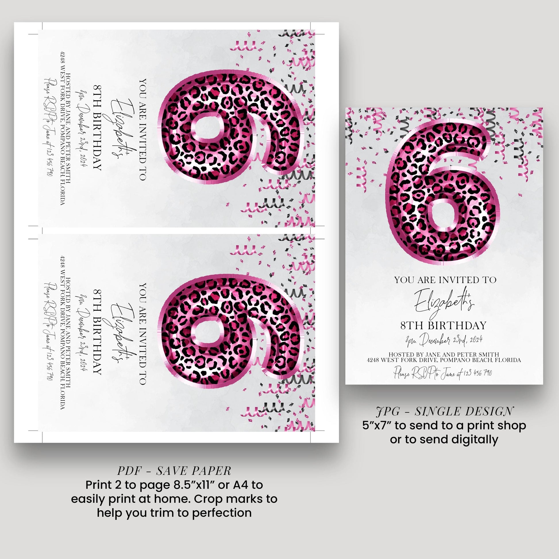 6th Pink Leopard Print Birthday Invitation Editable Template Animal Balloon Invite For Her 6 Year Old Invite Party Digital Download