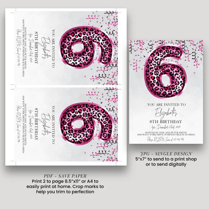 6th Pink Leopard Print Birthday Invitation Editable Template Animal Balloon Invite For Her 6 Year Old Invite Party Digital Download
