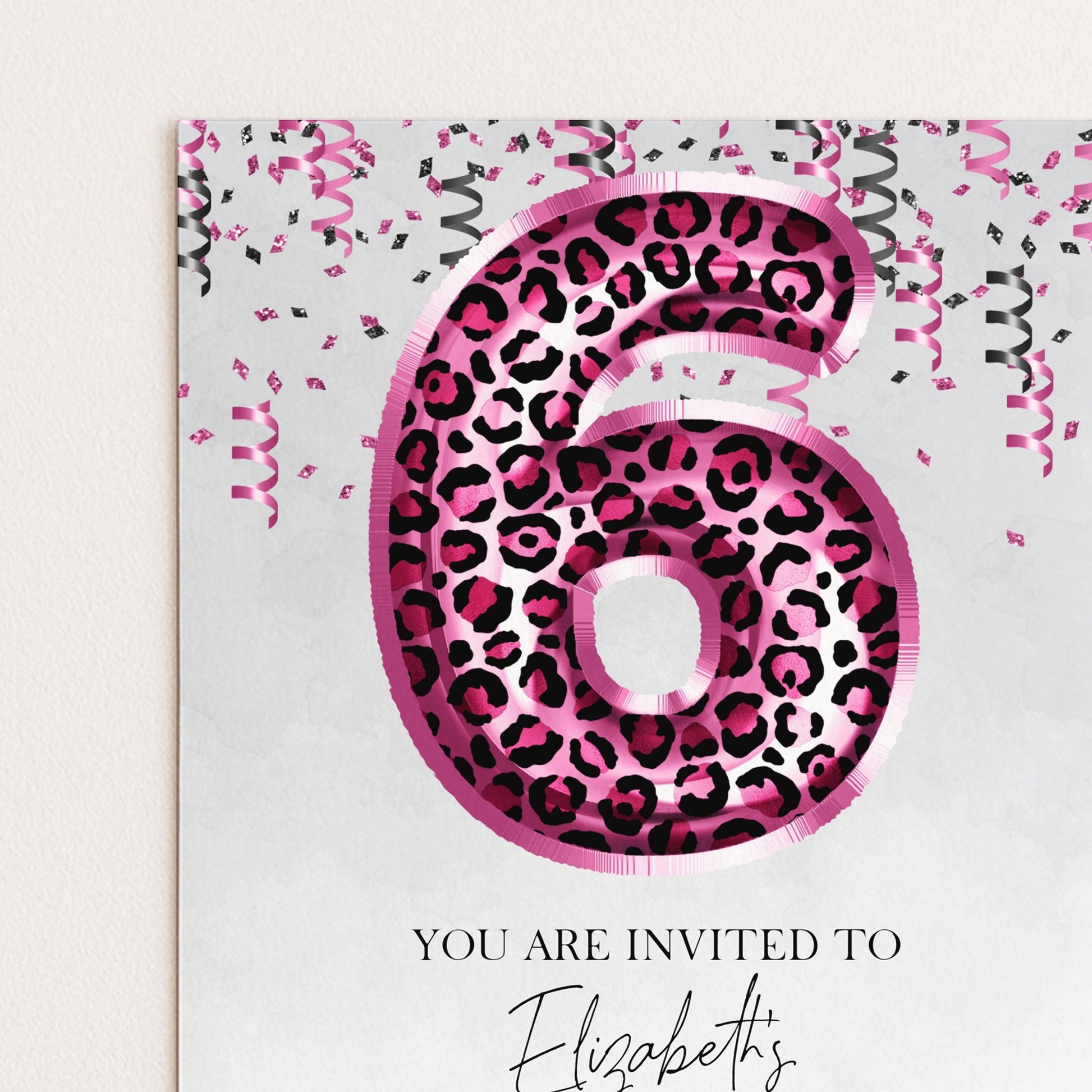 6th Pink Leopard Print Birthday Invitation Editable Template Animal Balloon Invite For Her 6 Year Old Invite Party Digital Download