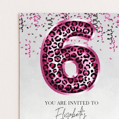 6th Pink Leopard Print Birthday Invitation Editable Template Animal Balloon Invite For Her 6 Year Old Invite Party Digital Download