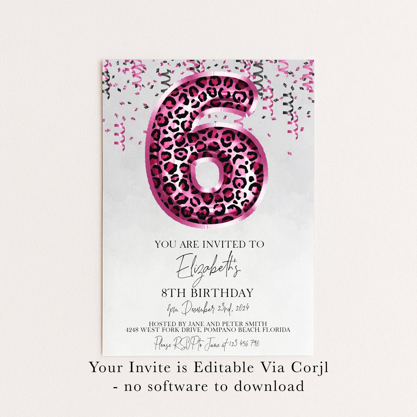 6th Pink Leopard Print Birthday Invitation Editable Template Animal Balloon Invite For Her 6 Year Old Invite Party Digital Download