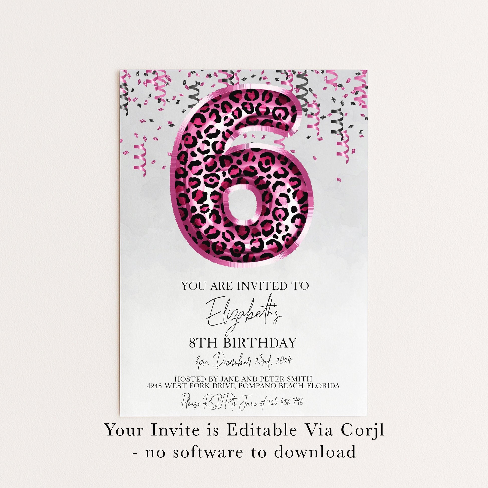 6th Pink Leopard Print Birthday Invitation Editable Template Animal Balloon Invite For Her 6 Year Old Invite Party Digital Download