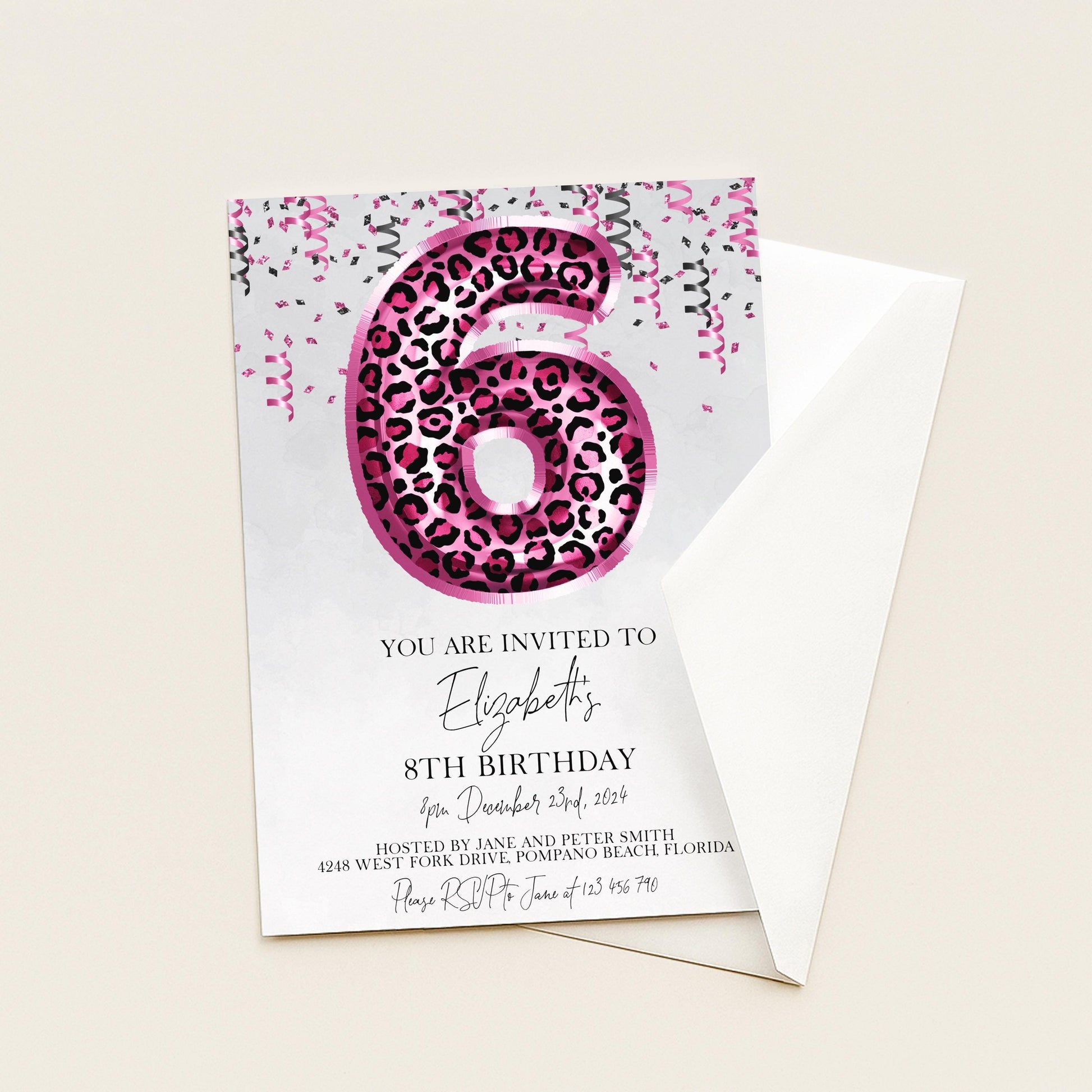 6th Pink Leopard Print Birthday Invitation Editable Template Animal Balloon Invite For Her 6 Year Old Invite Party Digital Download