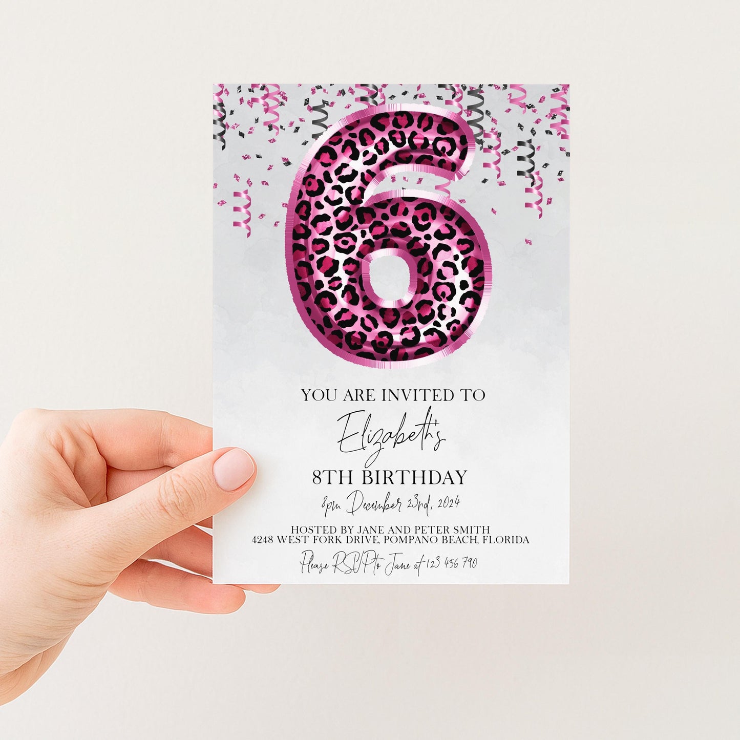 6th Pink Leopard Print Birthday Invitation Editable Template Animal Balloon Invite For Her 6 Year Old Invite Party Digital Download