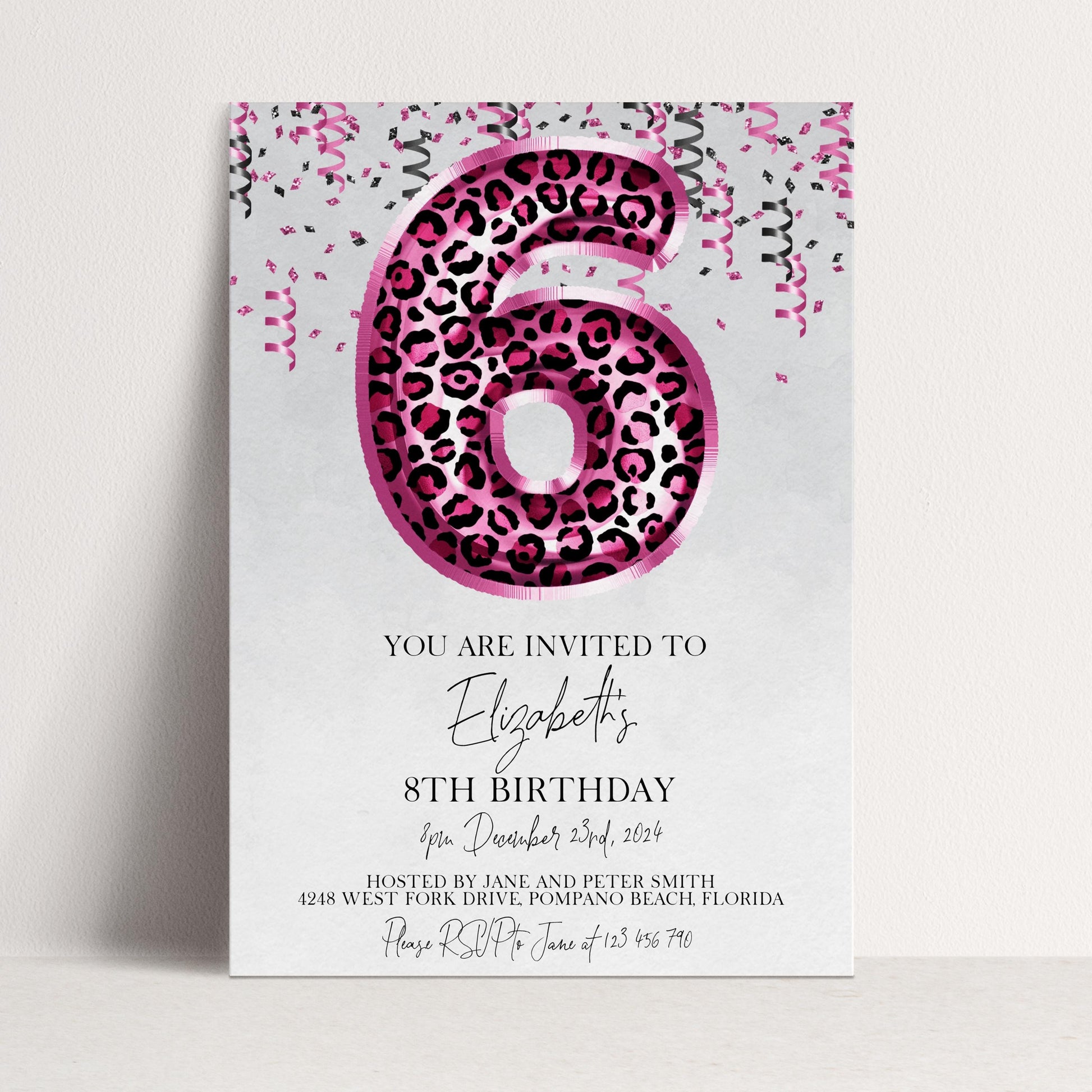 6th Pink Leopard Print Birthday Invitation Editable Template Animal Balloon Invite For Her 6 Year Old Invite Party Digital Download