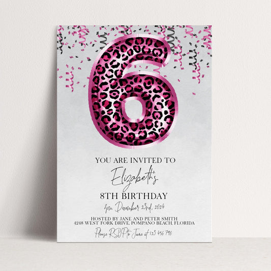 6th Pink Leopard Print Birthday Invitation Editable Template Animal Balloon Invite For Her 6 Year Old Invite Party Digital Download
